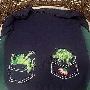 Vintage 1970’s Navy Boatneck Frog Sweater”To Find Your Prince Charming” Size S/M